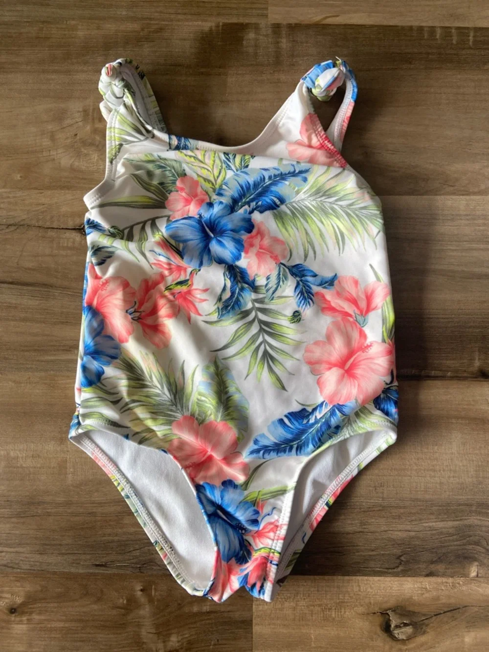 Girls Floral One-Piece Swimsuit - White with Blue & Pink Flowers